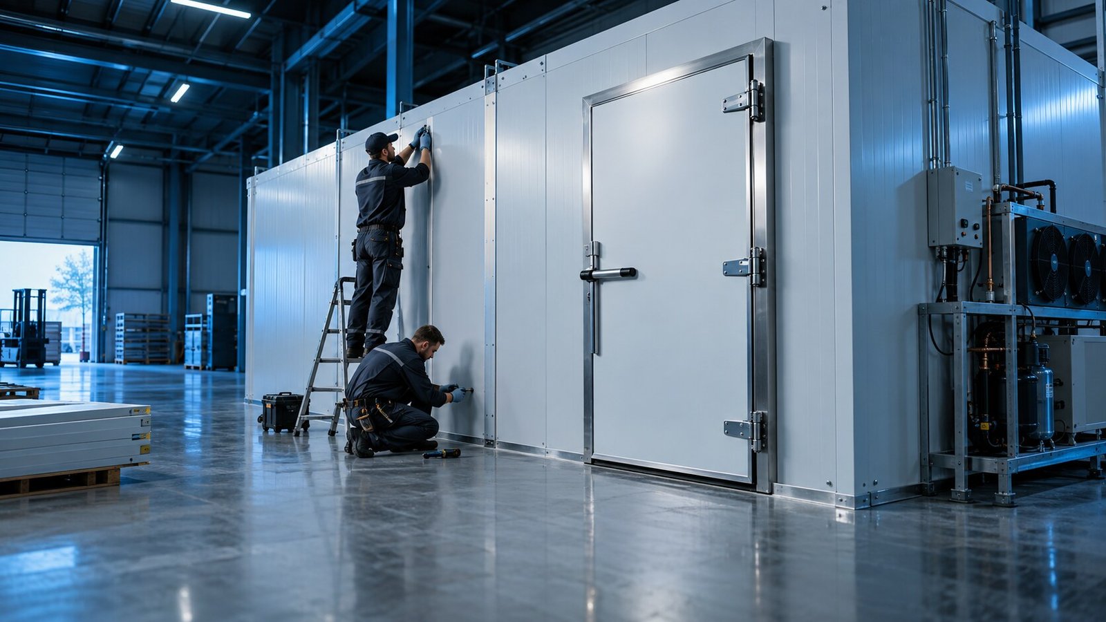 Cold room technicians installing insulated panels